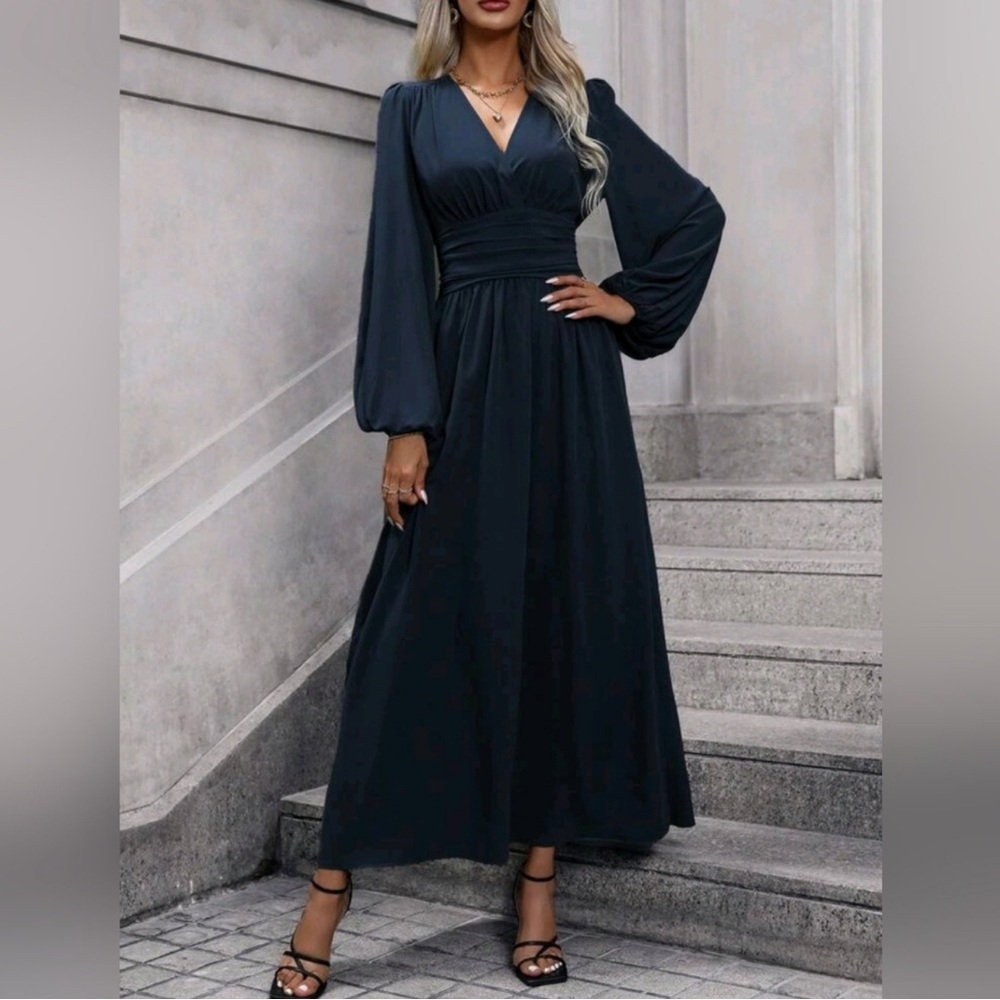 NEW Chic Ruched Waist Lantern Sleeve Maxi Dress Navy Blue